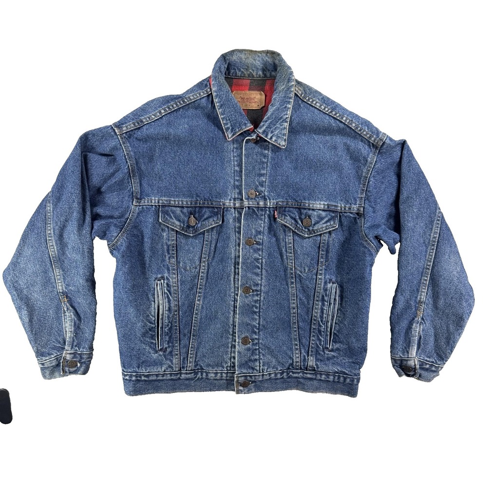Vintage Levi's Jacket Mens‎ Medium Blue Denim Lined Bomber Buffalo Plaid 70417